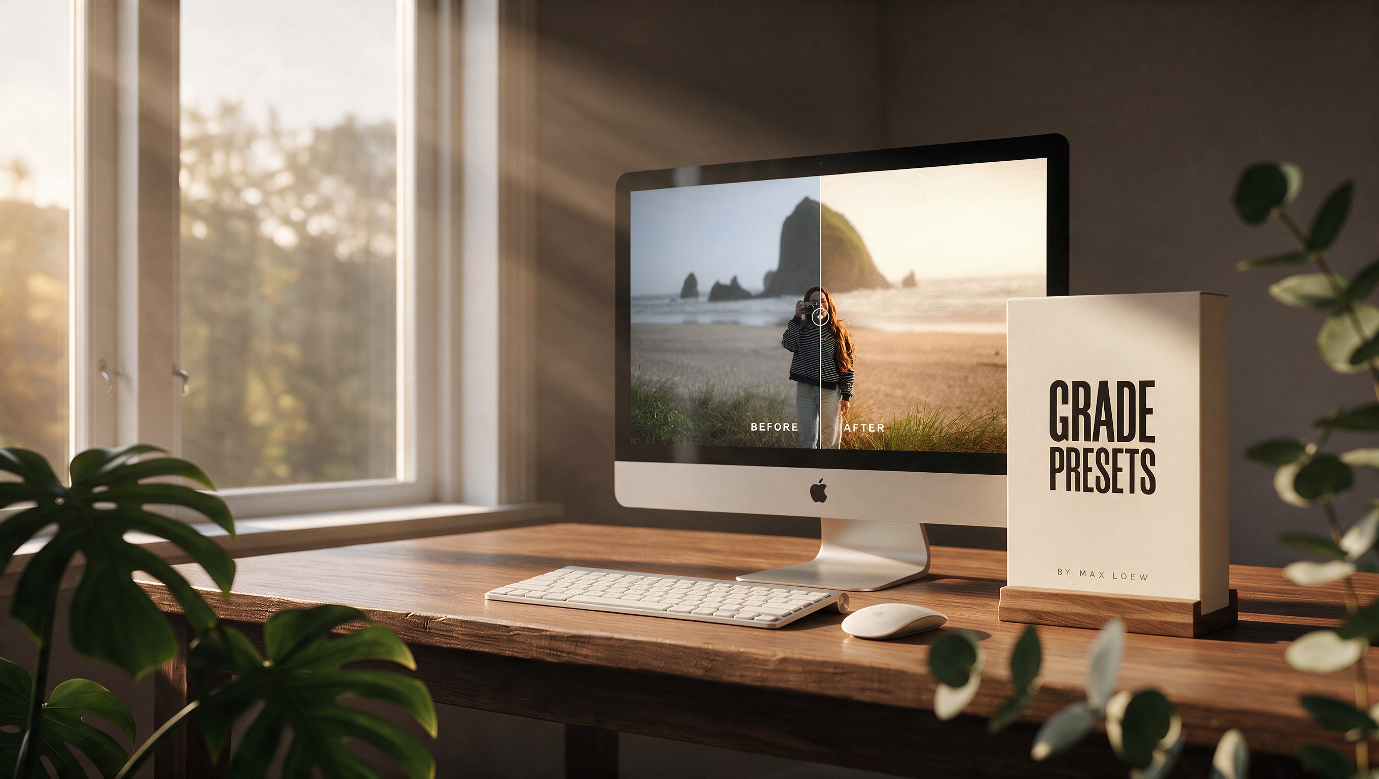 GRADE Presets by Max Loew, before and after on a desktop display