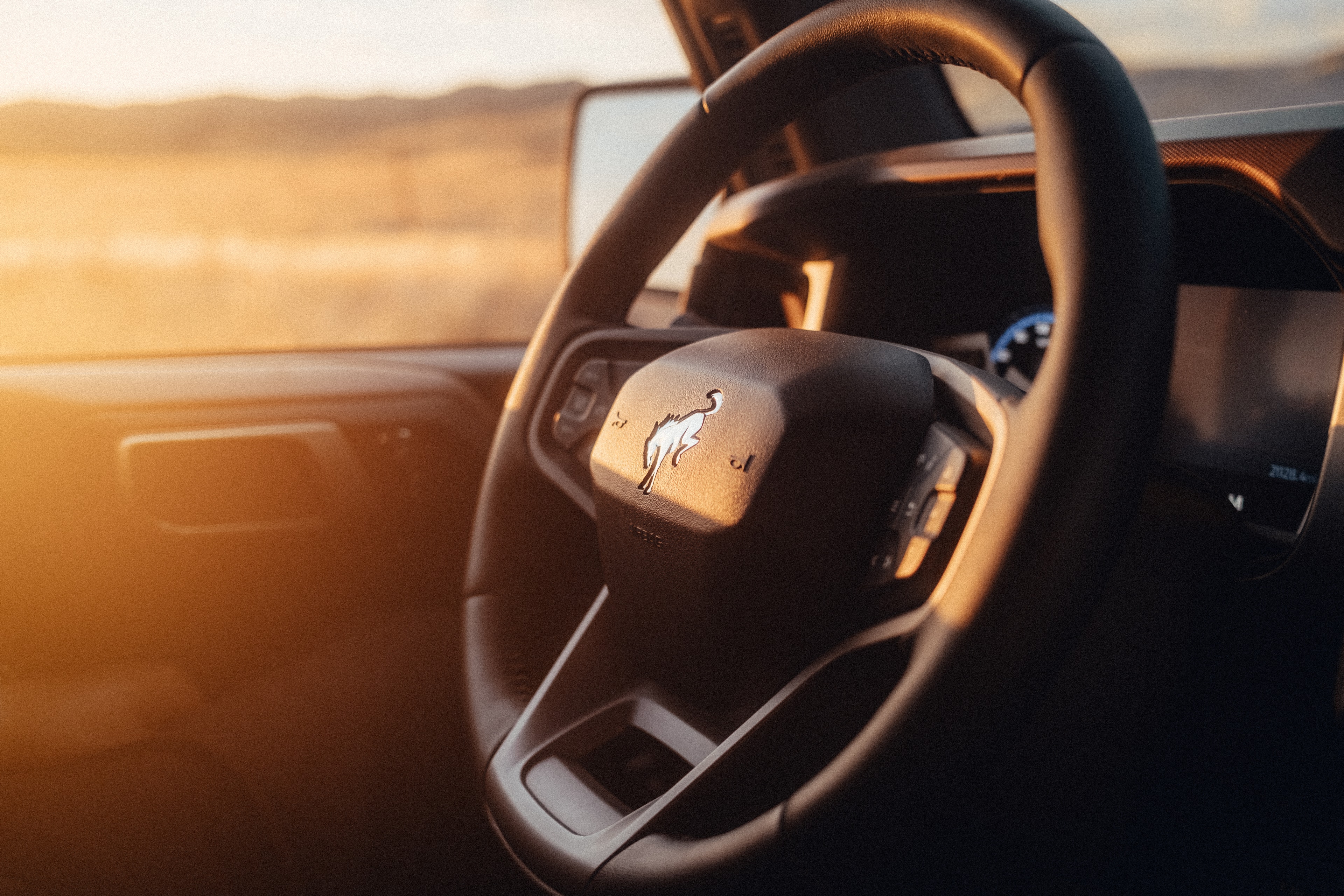 Ford Bronco interior — steering wheel detail with the Bronco logo, golden light through the window