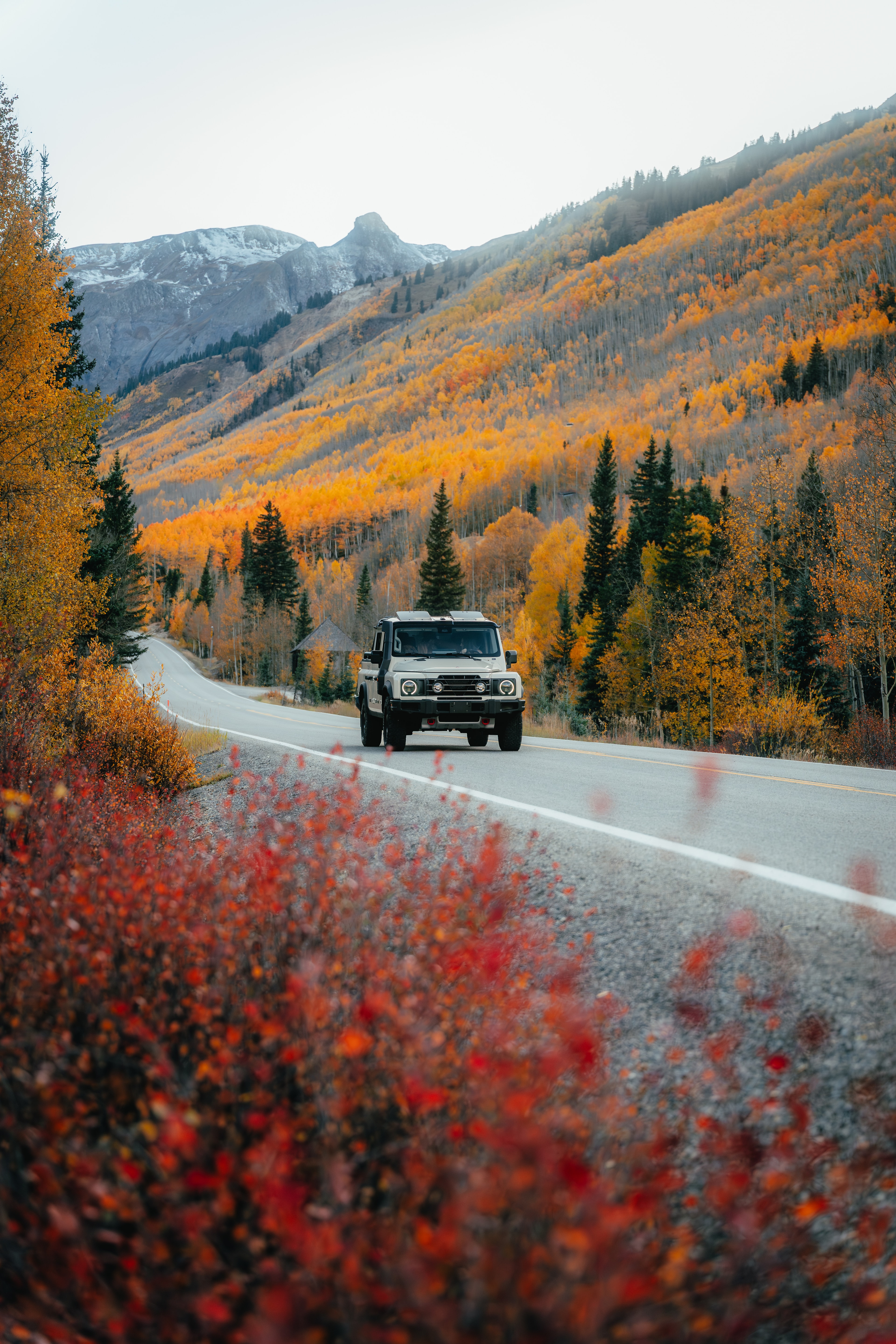 INEOS Grenadier Quartermaster head-on on a fall-aspen road, red brush in the foreground