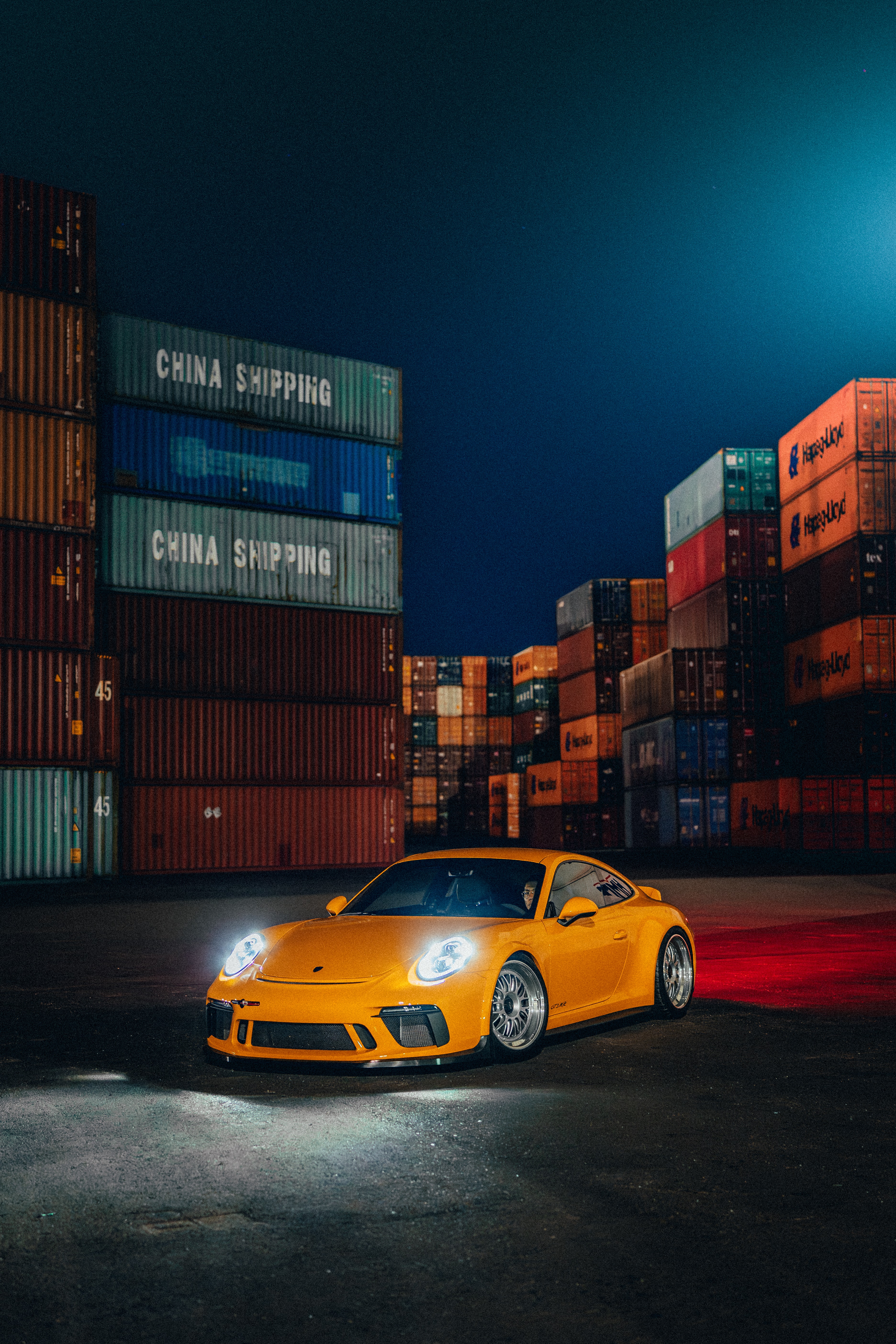 911 GT3 at the Port of Oakland — CHINA SHIPPING containers at night