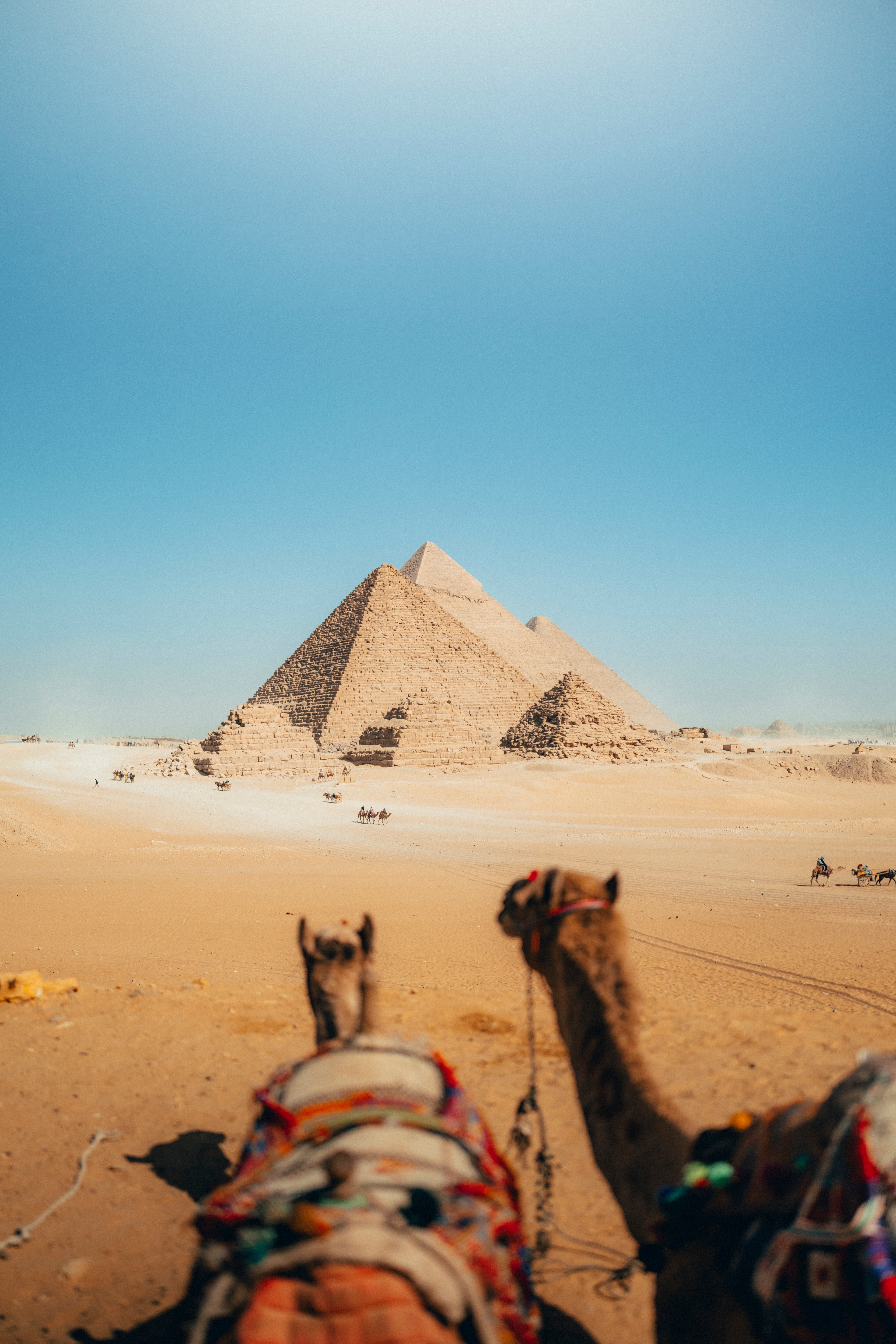 First-person view from camelback looking toward the Giza pyramids across the open desert